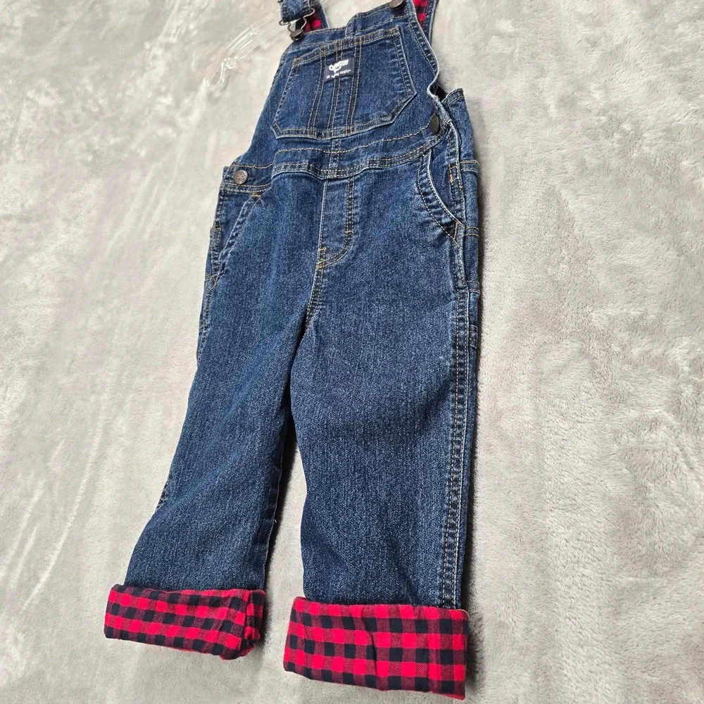 OshKosh B'gosh Overalls Toddler 3T Blue Denim Red Buffalo Plaid Lined Farm